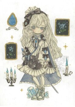 Rule 34 | 1girl, acrylic paint (medium), blue eyes, blue fire, blush, boots, bow, brooch, candelabra, candle, candlestand, closed mouth, dress, expressionless, fire, frilled shirt collar, frilled skirt, frilled sleeves, frills, full body, gem, hair bow, headband, high collar, highres, instagram logo, instagram username, jewelry, karintoun, large bow, long hair, long sleeves, looking at viewer, original, painting (medium), pastel colors, pendant, postmark, ribbon, signature, simple background, skirt, solo, standing, star (symbol), star print, straight-on, traditional media, twitter username, twitter x logo, watercolor (medium), watermark, white background