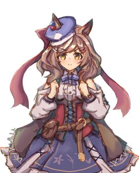 >:) 1girl absurdres animal_ears belt belt_buckle blue_bow blue_hat blue_skirt bow brown_belt brown_eyes brown_hair buckle clenched_hands closed_mouth clothing_cutout commentary_request ears_through_headwear fringe_trim grey_shirt hair_ornament hairclip hands_up hat highres horse_ears long_sleeves looking_at_viewer matikanetannhauser_(panpaka_tiltott)_(umamusume) matikanetannhauser_(umamusume) multicolored_hair newsboy_cap puffy_long_sleeves puffy_sleeves shirt shoulder_cutout simple_background skirt smile solo streaked_hair taikihori tilted_headwear umamusume v-shaped_eyebrows white_background white_hair