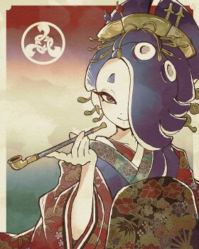 1girl alternate_costume collarbone earrings eyeliner geisha gradient_background hair_over_one_eye hand_fan japanese_clothes jewelry kimono looking_at_viewer makeup mu7_6na nintendo octoling paper_fan red_background red_eyes shiver_(splatoon) smile smoking_pipe solo splatoon_(series) splatoon_3 tentacle_hair upper_body