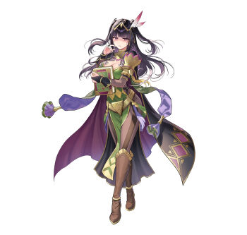1girl absurdres argyle_clothes black_cape black_hair bodystocking book boots breasts cape circlet cleavage cosplay feather_hair_ornament feathers fire_emblem fire_emblem_awakening fire_emblem_heroes full_body hair_ornament highres holding holding_book large_breasts nintendo noire_(fire_emblem) noire_(fire_emblem)_(cosplay) official_art okuma_mai pelvic_curtain purple_eyes tachi-e tharja_(fire_emblem) tharja_(gloomy_mage)_(fire_emblem)