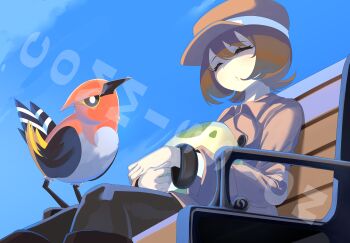 1girl absurdres bench bird black_pantyhose blue_sky bracelet brown_hair coat commentary_request commission egg fletchinder gen_6_pokemon gpaper232 hat highres jewelry nintendo original pantyhose parted_lips pokemon pokemon_(creature) pokemon_egg short_hair sky watermark
