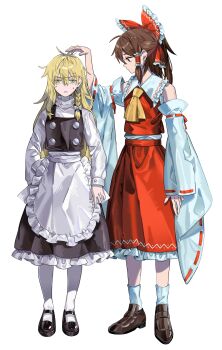 1girl 2girls absurdres apron ascot black_shoes black_skirt black_vest blonde_hair bow braid brown_hair brown_shoes collared_shirt detached_sleeves frilled_bow frilled_hair_tubes frilled_shirt_collar frilled_skirt frills full_body hair_between_eyes hair_bow hair_tubes hakurei_reimu hand_on_another&#039;s_head height_difference highres kirisame_marisa loafers long_hair long_sleeves looking_at_viewer maka_(maka04021) mary_janes multiple_girls no_headwear pantyhose red_bow red_eyes red_ribbon red_shirt red_skirt ribbon ribbon-trimmed_sleeves ribbon_trim shirt shoes side_braid simple_background single_braid skirt sleeveless sleeveless_shirt socks standing touhou unamused vest waist_apron white_apron white_background white_bow white_pantyhose white_shirt white_socks wide_sleeves yellow_ascot yellow_eyes