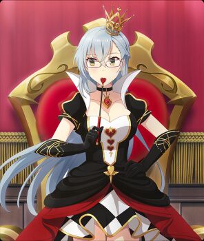 Rule 34 | 1girl, alice's adventures in wonderland, black choker, black dress, black gloves, black skirt, braid, breasts, checkered clothes, checkered skirt, choker, cleavage, collarbone, cosplay, cowboy shot, crown, curtains, dot nose, dress, elbow gloves, game cg, gem, glasses, gloves, gold crown, grey hair, half up braid, hand on own hip, heart, high collar, holding, holding pointer, kitora mirja, large breasts, layered skirt, mini crown, official art, pendant choker, pointer, purple-framed eyewear, queen of hearts (alice in wonderland), queen of hearts (alice in wonderland) (cosplay), red gemstone, red skirt, short sleeves, sideways glance, skirt, solo, third-party source, throne, tilted headwear, toji no miko, toji no miko: kizamishi issen no tomoshibi, two-tone dress, white dress, white skirt, yellow eyes