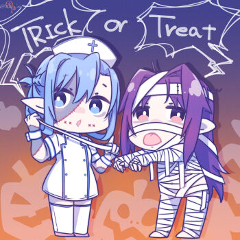 2girls :o absurdres alternate_costume armpit_peek artist_name asuna_(sao) asuna_(sao-alo) bandaged_arm bandaged_chest bandaged_fingers bandaged_hand bandaged_head bandaged_leg bandaged_torso bandaged_waist bandaged_wrist bandages blue_dress blue_eyes blue_hair blue_trim boots breasts chibi chibi_only claw_pose colored_skin commentary_request dress full_body gradient_background hair_between_eyes hair_intakes hands_up hat highres holding_bandages jack-o&#039;-lantern leaning_forward long_hair looking_at_viewer medium_hair messy_hair multicolored_skin multiple_girls mummy_costume naked_bandage neosight nurse nurse_cap open_mouth orange_background parted_lips patchwork_skin pink_boots pointy_ears purple_background purple_hair purple_skin red_eyes short_dress short_sleeves sidelocks signature small_breasts speech_bubble standing sword_art_online thighhighs tongue tongue_out trick_or_treat turtleneck turtleneck_dress twitter_username two-tone_background two-tone_dress white_dress white_thighhighs white_wrist_cuffs wide_hips wrist_cuffs yuuki_(sao) zettai_ryouiki zombification
