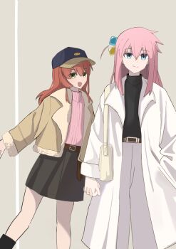 2girls alternate_costume bag bare_legs baseball_cap black_skirt black_sweater blue_eyes blue_hat bocchi_the_rock! brown_coat c3444767 coat commentary_request cube_hair_ornament gotoh_hitori grey_background grey_pants hair_ornament handbag hat highres holding_hands kita_ikuyo long_hair multiple_girls pants pink_hair pink_sweater red_hair side_ahoge side_ponytail simple_background skirt sweater turtleneck turtleneck_sweater white_background white_coat yellow_eyes yuri