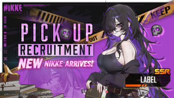 1girl banana_peel bare_shoulders belt black-framed_eyewear black_cardigan black_dress black_hair blush book bookmark breasts brown_belt cardigan caution_tape cleavage closed_mouth colored_inner_hair commentary commentary_request dress english_commentary glasses goddess_of_victory:_nikke hair_between_eyes hair_over_one_eye highres holding holding_book label_(nikke) large_breasts long_hair long_sleeves looking_at_viewer mole mole_on_breast multicolored_hair nervous_smile official_art one_eye_covered open_cardigan open_clothes pale_skin purple_eyes purple_hair skull sleeveless sleeveless_dress smile solo sweat taut_clothes taut_dress