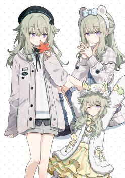 1girl absurdres animal_ear_hairband animal_ears arm_behind_head arms_up bear_ear_hairband bear_ears beret black_hat black_shirt black_shoes blue_socks blush bow bowtie cafe_mocha_bear_(project_sekai) center_frills chinese_commentary closed_mouth coat collarbone collared_shirt commentary_request facing_viewer fake_animal_ears fallin&#039;_fluff_(project_sekai) feet_out_of_frame frills fur-trimmed_coat fur_trim green_bow green_bowtie green_hair grey_coat grey_shorts hair_between_eyes hair_flaps hair_over_shoulder hairband hat high-waist_skirt high_collar highres hood hood_down hooded_coat horned_hat kneehighs kusanagi_nene leaf long_hair long_sidelocks long_sleeves looking_at_viewer loose_socks low-tied_sidelocks low_twintails maple_leaf migolu multiple_views official_alternate_color official_alternate_costume one_eye_closed open_clothes open_coat plaid_clothes plaid_collar ponytail project_sekai puffy_shorts purple_eyes shirt shoes short_shorts shorts shorts_under_skirt sidelocks sideways_glance simple_background skirt sleeves_past_fingers sleeves_past_wrists socks steepled_fingers stretching striped_clothes striped_shirt sweater swept_bangs twintails twitter_username vertical-striped_clothes vertical-striped_shirt watermark white_background white_coat white_hat white_sweater yellow_skirt yume_kuitei_paa_(project_sekai) zzz