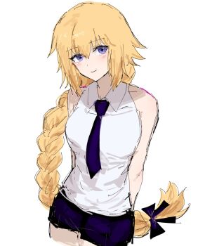 Rule 34 | 1girl, arms behind back, bare shoulders, blonde hair, blush, bow, braid, braided ponytail, breasts, closed mouth, collarbone, collared shirt, cowboy shot, fate/apocrypha, fate (series), hair between eyes, highres, jeanne d'arc (fate), jeanne d'arc (girl from orleans) (fate), long braid, long hair, looking at viewer, medium breasts, necktie, nekwnek, purple eyes, ribbon, shirt, shorts, sidelocks, simple background, single braid, sketch, skirt, sleeveless, sleeveless shirt, smile, solo, standing, very long hair, white background, white shirt