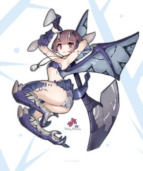 1girl absurdres armpits arms_up axe brown_hair claws color_guide commentary_request digitigrade dragon_girl dragon_horns dragon_tail dragon_wings english_text full_body highres holding holding_axe holding_weapon horns huge_weapon jewelry legs_up looking_at_viewer monster_girl necklace organic_bra original purple_scales red_eyes scales shitoi_(aqua1487) short_hair sidelocks simple_background slit_pupils small_horns smile solo tail talons teeth thick_thighs thighs underwear weapon white_background wings