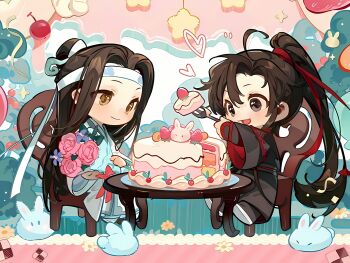 2boys ahoge animal birthday birthday_cake black_boots black_eyes black_hair black_hanfu blue_flower boots bouquet brown_hair cake chair cherry chibi chibi_only chinese_clothes closed_mouth confetti cookie couple eating flower food fork fruit full_body hair_ribbon hanfu headband heart highres holding holding_bouquet holding_food holding_fork lan_wangji li_mu_zi long_hair long_sleeves looking_at_another male_focus modao_zushi multiple_boys official_art on_chair open_mouth pink_flower plate ponytail rabbit red_ribbon ribbon robe rose sash sidelocks sitting smile star_(symbol) strawberry strawberry_cake strawberry_shortcake table third-party_source topknot wei_wuxian white_hanfu white_headband wide_sleeves xiao_guan_(headdress) yaoi yellow_eyes