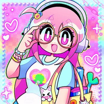 :d animated animated_gif blinking bocchi_the_rock! bracelet chain character_charm charm_(object) colorful doko_demo_issyo gift glasses headphones inky_trash inoue_toro jewelry keroro keroro_gunsou kyubey long_hair looking_at_viewer mahou_shoujo_madoka_magica nitroplus open_mouth otaku pink_background pink_eyes pink_hair print_shirt rainbow shirt smile solo spring_onion super_sonico touching_glass
