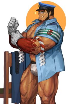 Rule 34 | 1boy, absurdres, alternate skin color, aqua shirt, bara, bulge, dark-skinned male, dark skin, feet out of frame, glasses, grey-framed eyewear, hachimaki, hat, headband, highres, jockstrap, large pectorals, long sideburns, male focus, male underwear, mature male, muscular, muscular legs, muscular male, nejiri hachimaki, no pants, official alternate costume, open clothes, open shirt, pectoral cleavage, pectorals, police, police hat, police uniform, print male underwear, shirt, short hair, sideburns, solo, striped, tajikarao (housamo), thighs, tokyo houkago summoners, traver009, underwear, undressing, unworn kimono, veins, white male underwear