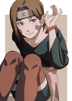 Rule 34 | 1girl, absurdres, bracelet, brown eyes, brown hair, closed mouth, collarbone, facial mark, forehead protector, highres, jewelry, konohagakure symbol, long sleeves, looking at viewer, naruto (series), naruto shippuuden, nohara rin, pnpk 1013, shirt, short hair, simple background, sitting, solo, thighhighs