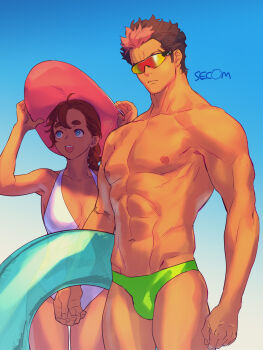 1boy 1girl bikini blue_eyes blue_sky braid breasts brown_hair closed_mouth cowboy_shot furrowed_brow green_male_swimwear guel_jeturk gundam gundam_suisei_no_majo hair_between_eyes hand_on_headwear hat highres holding holding_swim_ring innertube ivy_hermit light_frown long_hair male_swimwear medium_breasts multicolored_hair open_mouth orange-tinted_eyewear pink_hair pink_hat red_hair short_hair single_braid sky smile suletta_mercury sun_hat sunglasses swim_briefs swim_ring swimsuit thick_eyebrows tinted_eyewear topless_male two-tone_hair white_bikini wide_brim