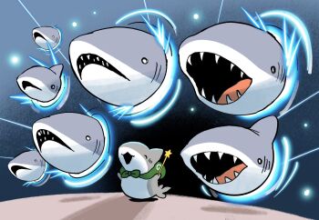 closed_eyes fangs fins fish_tail furoshiki_around_neck gate_of_babylon_(fate) gills happy highres holding no_humans odekake_kozame open_mouth penguinbox shark shark_fin shark_tail sharp_teeth smile tail teeth