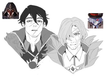 2boys black_hair black_shirt brooch collared_shirt commentary english_commentary facial_hair fatui_pyro_agent_(genshin_impact) flaming_eye fur_collar fur_trim genshin_impact greyscale hair_between_eyes hair_over_one_eye hat highres hood hood_down jacket jewelry kirikidu male_focus mask monochrome multiple_boys multiple_views orange_eyes parted_bangs photo_inset popped_collar portrait pyroslinger_bracer_(genshin_impact) reference_inset reference_photo reference_work scar shirt simple_background stubble tsurime unworn_mask white_background white_shirt