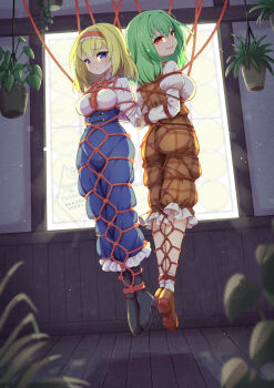 2girls alice_margatroid alternate_costume arms_behind_back artist_name ass bdsm black_boots blonde_hair blue_skirt blurry blush bondage boots bound breasts collared_shirt commentary_request commission depth_of_field embarrassed futa_(nabezoko) green_hair hairband hanging_plant high-waist_skirt high_heel_boots high_heels highres indoors kazami_yuuka large_breasts lolita_hairband long_hair long_sleeves looking_at_viewer multiple_girls necktie open_mouth plaid_clothes plaid_skirt plaid_vest plant potted_plant purple_eyes red_eyes red_hairband red_necktie red_shoes red_vest restrained shibari shibari_over_clothes shirt shoes skeb_commission skirt skirt_set smile socks suspension sweatdrop touhou vest watermark white_shirt white_socks