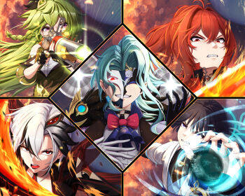 2girls 3boys absurdres alternate_costume angry arlecchino_(cinder_of_two_worlds'_flames)_(genshin_impact) arlecchino_(genshin_impact) battle blue_eyes blue_hair claymore_(sword) collei_(genshin_impact) diluc_(genshin_impact) dottore_(genshin_impact) dottore_(manga)_(genshin_impact) fighting fighting_stance fire genshin_impact green_hair gun highres imminent_attack mask moon multiple_boys multiple_girls musanix pink_eyes red_eyes red_hair rifle scaramouche_(genshin_impact) scythe snider_enfield wanderer_(genshin_impact) weapon white_hair