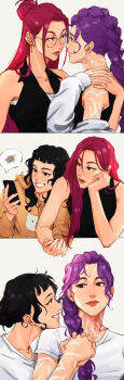 Rule 34 | 3girls, absurdres, black hair, black shirt, braid, cellphone, closed mouth, commentary, cracy girls, earrings, english commentary, eye contact, glasses, highres, holding, holding hands, holding phone, hood, hoodie, interlocked fingers, jewelry, kpop demon hunters, long hair, long sleeves, looking at another, mira (kpop demon hunters), multiple girls, open mouth, orange hoodie, phone, polyamory, purple hair, red hair, rumi (kpop demon hunters), shirt, single braid, smartphone, smile, white shirt, yuri, zoey (kpop demon hunters)