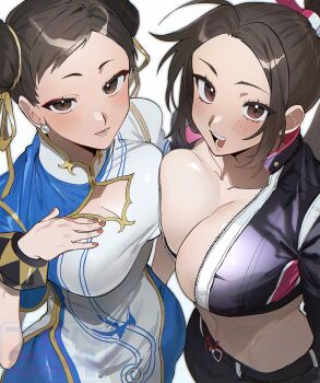 2girls asymmetrical_docking black_pants blue_leggings blush bracelet breast_press breasts brown_eyes brown_hair capcom china_dress chinese_clothes chun-li cleavage cleavage_cutout clothing_cutout commentary cropped_jacket double_bun dress earrings fatal_fury fatal_fury:_city_of_the_wolves from_above hair_bun hand_on_own_chest high_ponytail highres jewelry large_breasts leggings looking_at_viewer multiple_girls open_mouth pants parted_bangs partially_unzipped ponytail shiranui_mai simple_background street_fighter street_fighter_6 symbol-only_commentary the_king_of_fighters trnnmnm4 watermark white_background zipper