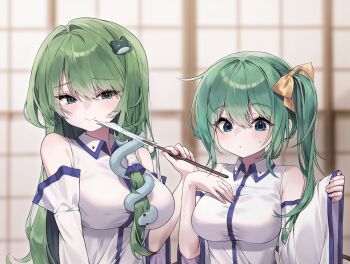 2girls bare_shoulders blush breasts closed_mouth commentary_request cosplay daiyousei detached_sleeves frog_hair_ornament gohei green_eyes green_hair hair_ornament hair_ribbon highres kochiya_sanae kochiya_sanae_(cosplay) long_hair long_sleeves matching_outfits multiple_girls pudding_(skymint_028) ribbon shirt smile touhou white_shirt yellow_ribbon