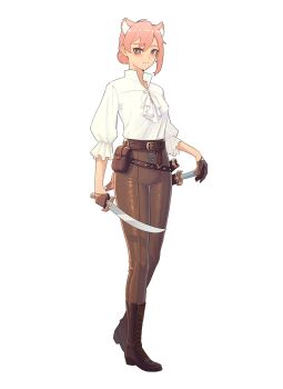1girl absurdres ahoge animal_ear_fluff animal_ears arknights ascot belt blush boots breasts brown_gloves chinese_commentary closed_mouth commentary cutlass english_commentary frilled_shirt frills full_body gloves gravel_(arknights) hair_bun half_gloves highres holding holding_weapon multiple_swords multiple_weapons pants pink_eyes pink_hair pink_tail pouch rongyuanfeida sheath sheathed shirt simple_background single_hair_bun small_breasts solo weapon white_background