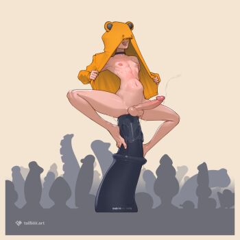 1boy anal_fluid black_choker butt_plug choker commentary covered_eyes cum dildo dildo_riding ejaculation highres hood hoodie huge_dildo male_focus naked_hoodie nipples open_mouth original sex_toy skinny solo stomach_bulge symbol-only_commentary tailbox