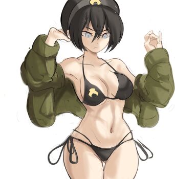 1girl aged_up alternate_breast_size_(larger) ass avatar:_the_last_airbender avatar_legends bare_shoulders bikini black_bikini black_hair black_panties blind bomber_jacket cameltoe commentary cowboy_shot debris emblem feet_out_of_frame green_jacket hair_between_eyes hairband halterneck highres jacket long_sleeves navel nickelodeon panties rakeemspoon short_hair side-tie_panties simple_background solo string_bra string_panties swimsuit toph_beifong underwear white_background