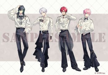 Rule 34 | 4boys, ;), aiguillette, alternate costume, arcobale 6, arm at side, ascot, bell-bottoms, belt, belt collar, black belt, black bow, black bowtie, black collar, black gloves, black hair, black nails, black pants, black shoes, blue eyes, border, bow, bowtie, brooch, center frills, closed mouth, collar, collared shirt, commentary request, copyright notice, cropped jacket, curtained hair, earrings, fingerless gloves, frilled sleeves, frills, full body, gloves, green eyes, green streaks, grey background, grid border, hair between eyes, hand in pocket, hand on own chest, hand on own head, hand on own neck, highres, jacket, jewelry, knight a, lace, lace gloves, lace shirt, letterboxed, lineup, long hair, long sleeves, looking at viewer, male focus, multicolored hair, multiple boys, nail polish, necklace, official art, one eye closed, outside border, own hands together, pants, parted bangs, parted lips, pearl necklace, pink hair, pleated pants, red hair, sample watermark, shirt, shirt tucked in, shiyun (utaite), shoes, short hair, simple background, sleeve cuffs, smile, standing, streaked hair, suit pants, tailcoat, takeyaki shou, tassel, teruto (utaite), turtleneck, turtleneck shirt, utaite, vau (utaite), watermark, white ascot, white border, white hair, white jacket, white shirt, yellow eyes