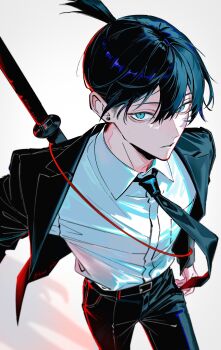 1boy absurdres belt black_hair black_jacket black_necktie black_pants chainsaw_man collared_shirt commentary_request cowboy_shot earrings floating_hair floating_neckwear hair_between_eyes hayakawa_aki highres hrak_mumi jacket jewelry looking_at_viewer male_focus necktie open_clothes open_jacket pants shirt shirt_tucked_in short_hair solo suit_jacket topknot weapon weapon_on_back white_shirt