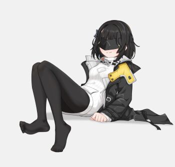 Rule 34 | 1girl, arknights, arknights: endfield, black hair, black pantyhose, endministrator (arknights), eye mask, feet, female endministrator (arknights), highres, langui moxia, mask, medium hair, pantyhose, smile, soles, toes