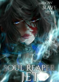 1girl absurdres black_hair black_shirt blood blood_from_forehead blood_on_face blue_coat blue_eyes bob_cut breasts character_name cleavage coat commentary copyright_name english_commentary expressionless glowing glowing_eyes highres jet_(shadow_slave) looking_at_viewer magic myths_author popped_collar portrait shadow_slave shirt short_hair sidelighting