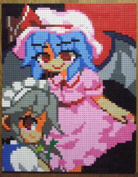 Rule 34 | 2girls, bat wings, black background, blue hair, braid, closed mouth, hat, hat ribbon, holding, izayoi sakuya, lego, lego (medium), looking at viewer, looking back, maid, maid headdress, mob cap, multicolored background, multiple girls, photo (medium), pink headwear, pink shirt, pink skirt, pixel art, red background, red eyes, red ribbon, remilia scarlet, ribbon, shirt, short sleeves, skirt, skirt hold, smile, touhou, two-tone background, unconventional media, wings, you rei (blowback)