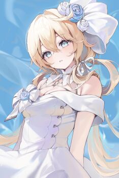 1girl absurdres blonde_hair blue_background blue_eyes blue_flower blue_gem blue_rose breasts cleavage collar commentary detached_collar dress flower gem hair_flower hair_ornament hair_ribbon hair_rings ham99luv highres large_breasts low_twintails off-shoulder_dress off_shoulder original ribbon rose solo symbol-only_commentary twintails white_collar white_dress white_flower white_ribbon white_rose