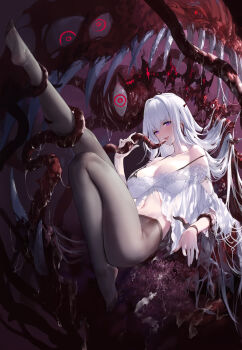 1girl absurdly_long_hair bare_shoulders black_pantyhose blush breasts cleavage eldritch_abomination full_body highres holding_tentacle imminent_fellatio large_breasts large_variant_set long_hair looking_at_viewer lying on_back open_mouth original outstretched_leg pantyhose purple_eyes restrained revealing_clothes sharp_teeth slime_(substance) swd3e2 teeth tentacles toes variant_set very_long_hair white_hair