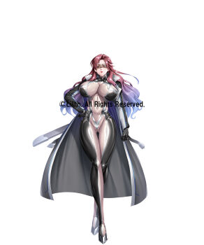 Rule 34 | 1girl, breasts, gloves, high heels, huge breasts, lilith-soft, long coat, long hair, momota hinagiku, scabbard, see-through clothes, sheath, solo, sunglasses, taimanin (series), taimanin rpgx, taimanin suit