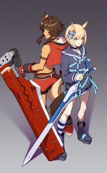 2girls animal_ears asymmetrical_legwear back-to-back bell belt bitter_glasse_(umamusume) blonde_hair bob_cut boots bow brown_eyes brown_hair chest_belt choker closed_mouth collared_shirt commentary crop_top crown_hair_ornament dark-skinned_female dark_skin ear_ornament expressionless eyelashes fingerless_gloves fishnet_socks fishnets frilled_shirt_collar frills full_body gloves gradient_background green_eyes grey_background guilty_gear guilty_gear_xrd hair_between_eyes hair_bow hair_ornament happy highres holding holding_sword holding_weapon hood hood_down hooded_shirt horse_ears horse_girl horse_tail huge_weapon junkyard_dog_mk_iii kneehighs knees little_cocon_(umamusume) long_sleeves looking_at_viewer looking_back magnolia_eclair_ii midriff mismatched_legwear multiple_belts multiple_girls neck_bell o-ring o-ring_belt oversized_clothes oversized_shirt pointy_nose puffy_long_sleeves puffy_sleeves shirt short_hair short_hair_with_long_locks shorts sidelocks sleeveless sleeveless_shirt sleeves_past_wrists smile socks standing striped_bow striped_clothes striped_socks sword tail tenkey2022 umamusume weapon