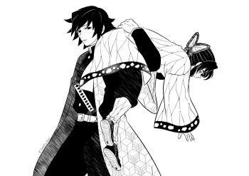 1boy 1girl animal_print belt black_hair black_jacket black_pants butterfly_hair_ornament butterfly_print carrying_over_shoulder demon_slayer_uniform greyscale hair_ornament haori highres jacket japanese_clothes kimetsu_no_yaiba kochou_shinobu monochrome open_mouth pants parted_bangs print_haori seezly_tani sidelocks sweatdrop tomioka_giyuu twitter_username upper_body white_background white_belt