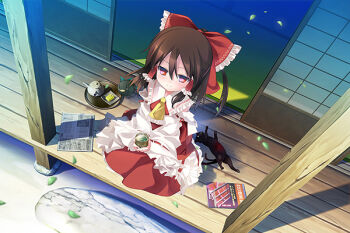 1girl ascot black_cat bow brown_hair cat closed_mouth commentary_request detached_sleeves falling_leaves food food_request frilled_bow frilled_hair_tubes frills green_tea hair_between_eyes hair_bow hair_tubes hakurei_reimu kaenbyou_rin kaenbyou_rin_(cat) leaf long_hair multiple_tails newspaper red_bow red_eyes red_skirt ribbon-trimmed_sleeves ribbon_trim shouji sitting skirt skirt_set sliding_doors smile steam tail tatami tea teapot tororo_(toriaezu) touhou two_tails variant_set yellow_ascot