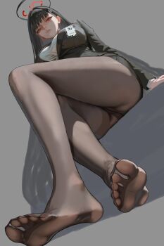 1girl absurdres ass black_hair black_jacket black_pantyhose black_skirt blazer blue_archive blunt_bangs breasts commentary_request hair_ornament hairclip halo highres jacket large_breasts long_hair looking_at_viewer no_shoes nyamunyamu_(eminyam) pantyhose pleated_skirt red_eyes rio_(blue_archive) sitting skirt solo sweater turtleneck turtleneck_sweater very_long_hair