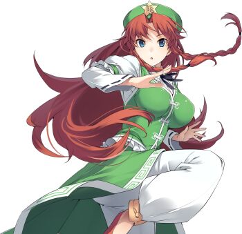 1girl beret blue_eyes braid breasts eho_(icbm) fighting_stance game_cg green_hat green_skirt green_vest hat hat_ornament hong_meiling labyrinth_of_touhou_(series) labyrinth_of_touhou_tri large_breasts long_hair long_sleeves looking_at_viewer non-web_source official_art open_mouth pants pants_under_skirt red_hair ribbon-trimmed_sleeves ribbon_trim skirt solo star_(symbol) star_hat_ornament touhou transparent_background twin_braids very_long_hair vest white_pants