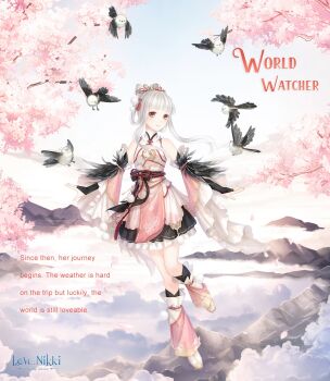 1girl artist_request bare_shoulders bird black_bridal_gauntlets black_skirt black_socks blunt_bangs bow-shaped_hair bridal_gauntlets brown_eyes character_name cherry_blossom_print cherry_blossoms closed_mouth cloud collared_dress copyright_logo day detached_sleeves dot_nose dress english_text eyelashes fang feather-trimmed_sleeves floating_hair floral_print frilled_skirt frilled_sleeves frills full_body hair_bun hair_ornament hair_ribbon hair_rings happy highres kneehighs knees leg_up leg_warmers light_blush logo long-tailed_tit long_hair long_sleeves mandarin_collar miniskirt miracle_nikki mountain nikki_(series) official_art outdoors pink_leg_warmers pink_sleeves pleated_skirt pom_pom_(clothes) pom_pom_hair_ornament print_leg_warmers red_ribbon ribbon shoes short_dress single_hair_bun skirt skirt_under_dress sky sleeveless sleeveless_dress smile socks solo spring_(season) sunrise tareme tassel tassel_hair_ornament third-party_source tit_(bird) two-tone_leg_warmers waist_ribbon wavy_hair white_dress white_hair white_leg_warmers white_shoes white_sky wide_sleeves world_watcher_(miracle_nikki)