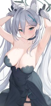 1girl absurdres ahoge animal_ear_fluff animal_ears aqua_eyes armpits bare_shoulders black_choker black_dress black_gloves blue_archive blush breast_curtains breasts broken_halo choker collarbone commentary covered_navel cross cross_hair_ornament dark_halo dress extra_ears gloves hair_between_eyes hair_intakes hair_ornament halo hands_in_own_hair hayasi_iru head_tilt highres holding holding_own_hair inverted_cross large_breasts long_dress long_hair looking_at_viewer parted_lips shiroko_terror_(blue_archive) side_slit sidelocks simple_background sleeveless sleeveless_dress solo standing strapless strapless_dress sweat sweatdrop thigh_strap very_long_hair white_background white_hair wolf_ears wolf_girl