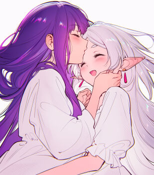 2girls absurdres blush closed_eyes commentary_request earrings elf eyelashes fern_(sousou_no_frieren) floating_earrings frieren happy highres jewelry kiss kissing_forehead long_hair long_sidelocks long_sleeves multiple_girls open_mouth pointy_ears purple_hair qiandaiyiyu sidelocks simple_background smile sousou_no_frieren three-quarter_sleeves white_background yuri