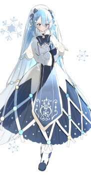 1girl absurdly_long_hair absurdres ankle_boots anniversary aqua_eyes aqua_hair artist_name artist_request bass_clef beret birthday black_bow black_pantyhose blue_boots blue_bow blue_eyes blue_gloves blue_hair blue_mittens blue_ribbon blue_skirt blue_tabard blush boots bow bowtie braid braided_bangs breasts capelet closed_mouth coat crystal_hair_ornament dress female_focus fortissimo frilled_dress frilled_sleeves frills full_body fur-trimmed_boots fur-trimmed_capelet fur-trimmed_gloves fur-trimmed_sleeves fur_trim gloves gold_trim gradient_hair hair_between_eyes hair_bow hair_ornament hair_ribbon hairclip hairpin happy_birthday hat hatsune_miku high_heel_boots high_heels highres knee_boots layered_dress long_hair long_sleeves long_twintails mittens multicolored_hair musical_note musical_note_hair_ornament musical_note_print neck_ribbon pantyhose parted_lips pentagon_(railgun_ky1206) plaid_clothes plaid_dress plaid_skirt pleated pleated_dress pleated_skirt ribbon simple_background single_braid skirt sleeve_cuffs sleeves_past_wrists smile snowflake_background snowflake_print solo standing string_of_light_bulbs tabard treble_clef twintails two-tone_dress very_long_hair vocaloid white_background white_boots white_capelet white_dress white_hat wide_sleeves winter_clothes winter_coat yuki_miku yuki_miku_(2021)