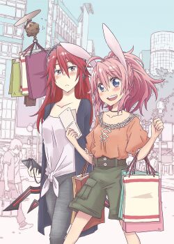 2girls alternate_costume android animal_ears automedic_alma bag black_jacket black_pants contemporary drone emil_chronicle_online green_shorts grey_eyes headphones highres holding holding_bag holding_map holding_phone jacket map minnie_doe_alma multiple_girls orange_shirt pants phone pink_hair ponytail rabbit_ears rabbit_girl red_hair sasakamakue shibuya_(tokyo) shirt shopping_bag shorts tokyo_(city) white_shirt