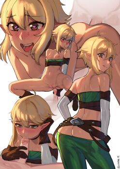 1boy 1girl :d :o :q ;q anal artist_name ass back bare_shoulders belt blonde_hair blush breasts brown_eyes brown_gloves butt_crack cleft_of_venus commentary cowgirl_position doggystyle drooling ear_blush elbow_gloves elf fellatio gloves green_pants green_tube_top hair_between_eyes tucking_hair happy_sex heart heart-shaped_pupils hetero highres imminent_penetration imminent_vaginal looking_at_viewer looking_back loose_belt multiple_boys navel nil_sunna nipples nose_blush nude one_eye_closed open_mouth oral original pants penis pointy_ears pussy saliva sex sex_from_behind short_hair shoulder_blades sidelocks simple_background small_breasts smile spread_legs straddling strapless sunna_(nilsunna) symbol-shaped_pupils teeth tongue tongue_out tube_top uncensored upper_teeth_only white_background white_gloves