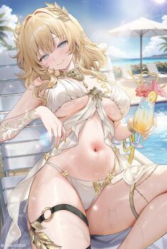 1girl adapted_costume aglaea_(honkai:_star_rail) alternate_costume bare_shoulders beach_umbrella bikini blonde_hair blue_sky blush breasts chinese_commentary closed_mouth commentary commentary_request crazy_straw cup day drinking_glass drinking_straw english_commentary feet_out_of_frame fingernails green_eyes head_tilt head_wreath heart_straw highres holding holding_cup honkai:_star_rail honkai_(series) large_breasts long_hair looking_at_viewer machi_(machi0910) mixed-language_commentary nail_polish navel outdoors poolside sky smile solo stomach swimsuit thigh_strap thighs twitter_username umbrella underboob wet white_bikini yellow_nails