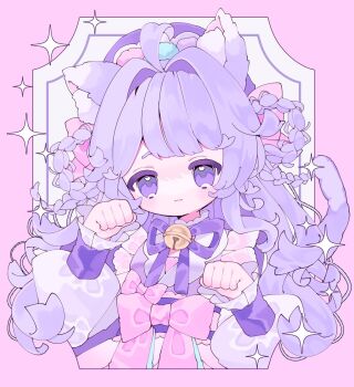 1girl :3 ahoge analogous_colors animal_ears bell border bow closed_mouth commission hands_up highres indie_utaite japanese_clothes jingle_bell kimono lolita_fashion long_hair neck_bell neck_ribbon no_nose outside_border pastel_colors paw_pose pink_border pink_bow purple_eyes purple_hair purple_kimono purple_ribbon ribbon solo sparkle upache upper_body white_background