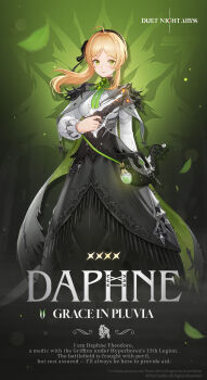 1girl ahoge black_bag black_hat blonde_hair character_name commentary copyright_name daphne_(duet_night_abyss) dress duet_night_abyss english_commentary english_text green_background green_eyes green_ribbon hat highres long_hair long_sleeves looking_at_viewer official_art ponytail puffy_long_sleeves puffy_sleeves ribbon solo